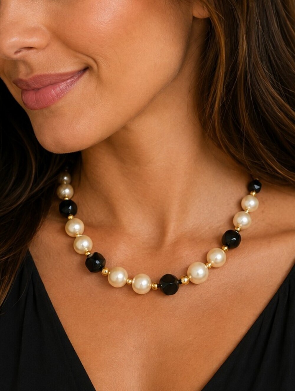 Vintage Elegant Ivory Black and Gold Acrylic and Glass Beaded Necklace